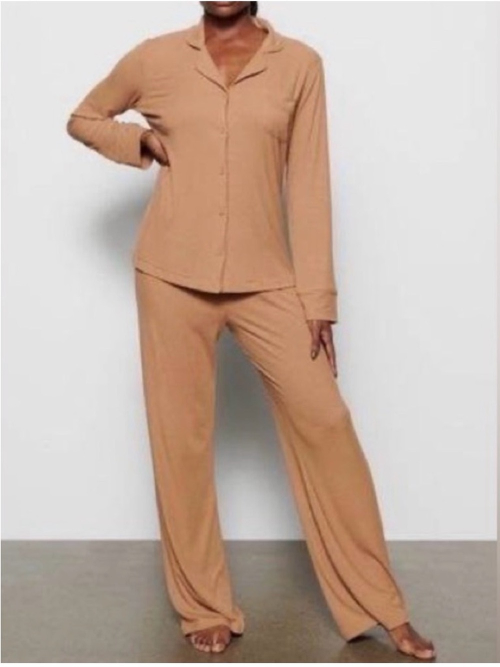 Skims Soft Long-Sleeve Button Pajama Set - Camel